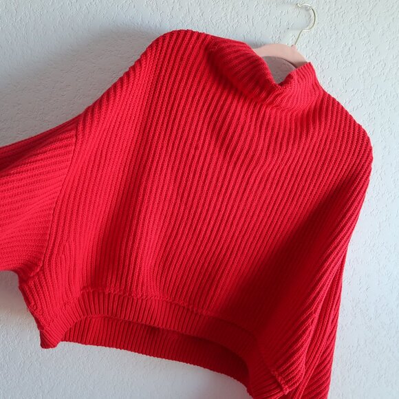 Free People Red Oversized Ribbed Knit Sweater - Size Small Cowl Neck Chunky - Picture 3 of 9